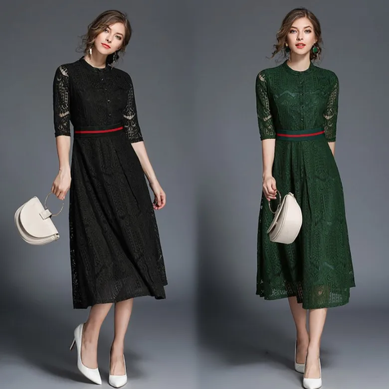 Ранняя осень Ozhouzhan женское платье, стильная рубашка с коротким рукавом, Приталенное кружевное платье средней длины с большим подолом