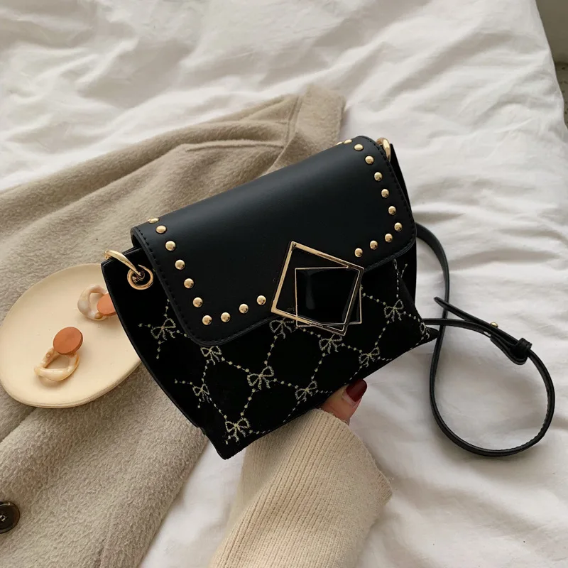 

2019 Autumn And Winter New Style WOMEN'S Bag Korean-style Shoulder Bag Car Suture Bow Pattern Rivet Oblique
