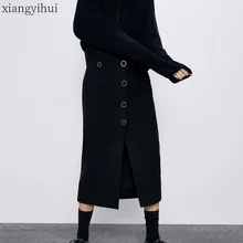 Длинная черная прямая юбка для женщин, женская осенняя однобортная юбка с высокой талией, макси приталенная, зимние повседневные женские юбки