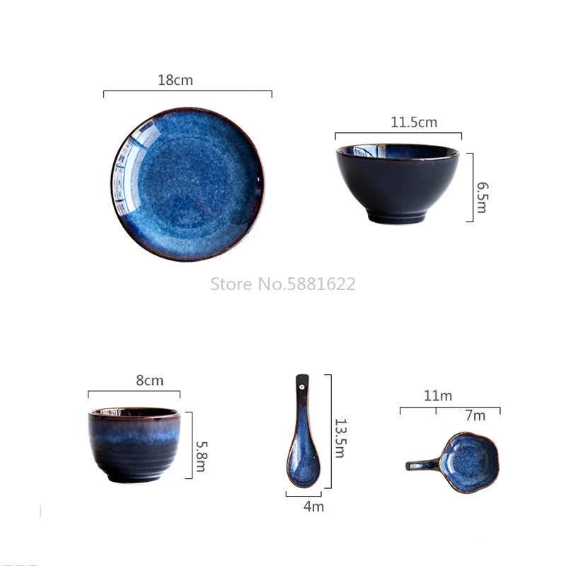 일본식 딥 블루 세라믹 스테이크 접시 식기, 도자기 디너 세트, 디저트 접시, 수프 그릇, 차 컵, 소스 접시