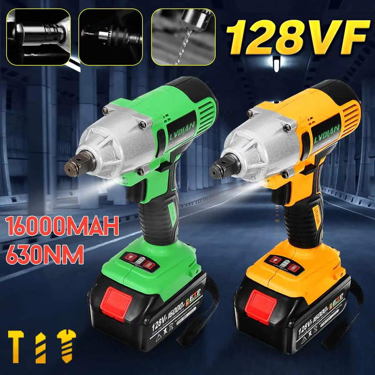 DOERSUPP Cordless Impact Wrench 128VF Electric Wrench 1/2" Brushless Cordless Impact with 16000mah Battery 110/220V Power Tools