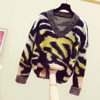 

Mohair V Neck Female Knitted Top 2019 New Autumn Winter Vintage Leopard Print Loose Long Sleeve Women Pullovers Sweaters