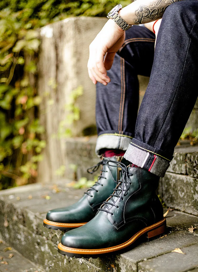 QYFCIOUFU/мужские ботинки; обувь из натуральной коровьей кожи; Роскошные Дизайнерские мужские повседневные ботинки; дышащие мужские Ботильоны; Ботинки Челси на шнуровке - Цвет: Зеленый
