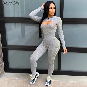

Weirdgirl women hollow out autumn 2019 jumpsuit sexy striped fitness full sleeve Hooded skinny bodycon rompers long stracksuit