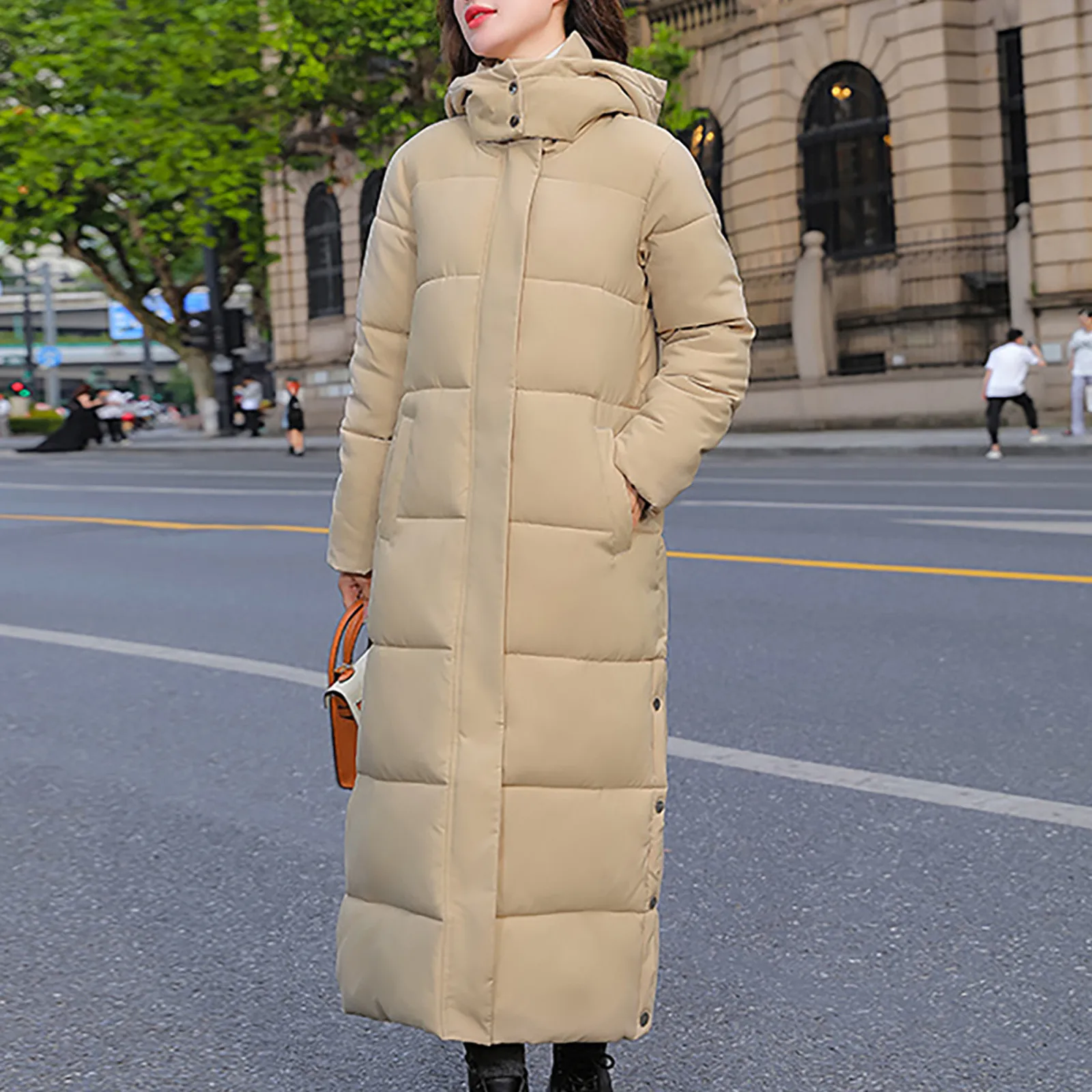 Women Fashion Long Sleeve Solid Color Hooded Long Down Cotton Jacket Winter Warm Coat Super Long Hooded Jacket Ladies Parkas 1