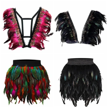 

Women Dress Feather Harness Set Pink Fashion Shawl High Waist Skirt Cage Tops Punk Gothic Dance Festival Wear Full Body Lingerie