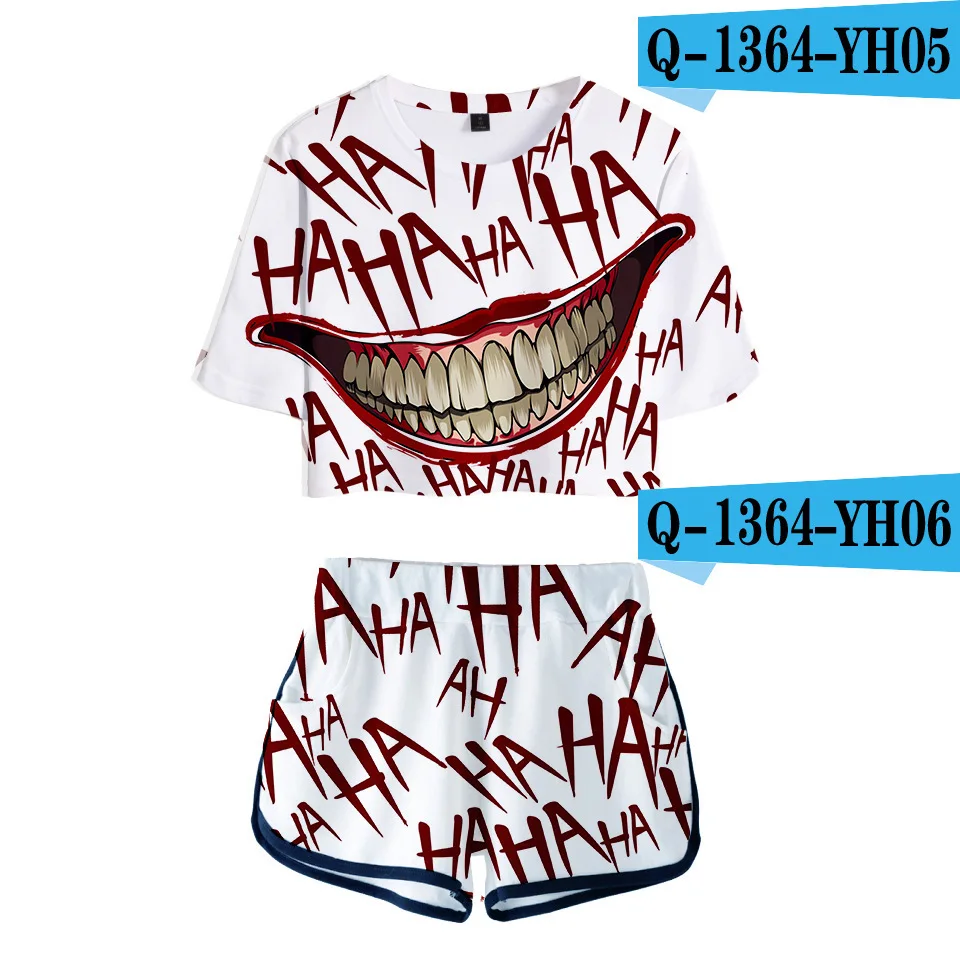 

HAHA Joker Two Piece Set Summer Printed T Shirt Halloween Crazy Smile Suit Shorts Crop Top Fashion Tops & Shorts Pants