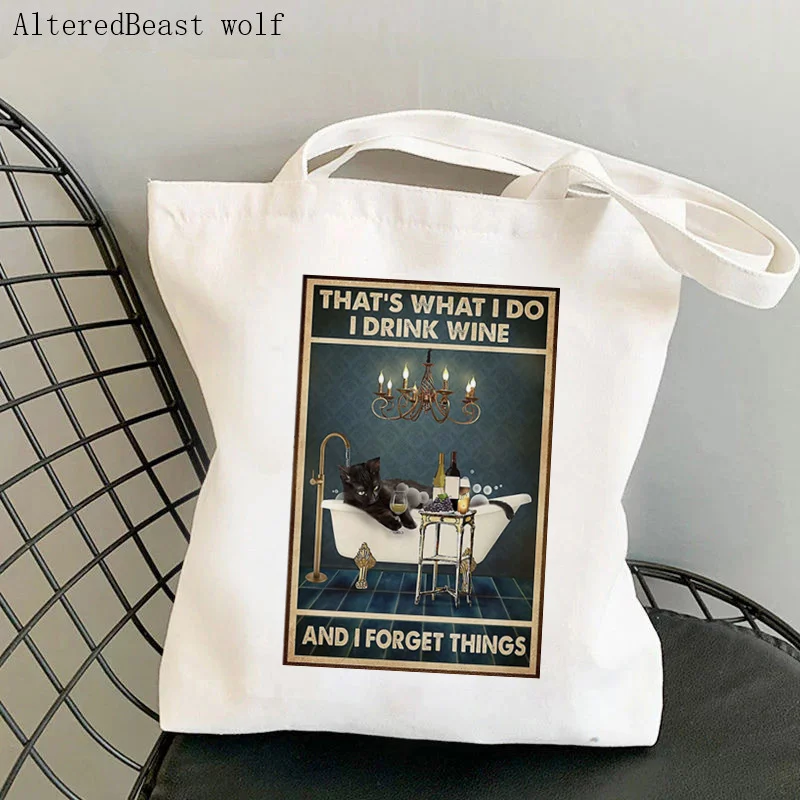 Women Shopper bag Black Cat Care Knowledge Kawaii Bag Harajuku Shopping Canvas Shopper Bag girl handbag Tote Shoulder Lady Bag