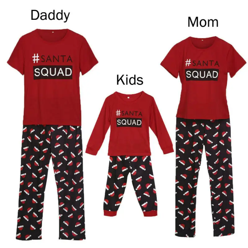 Семейные комплекты рождественской одежды пижамный комплект с Санта Клаусом, одежда для сна для папы, мамы и ребенка Рождественская одежда для сна, 2 предмета, красный топ+ черные штаны