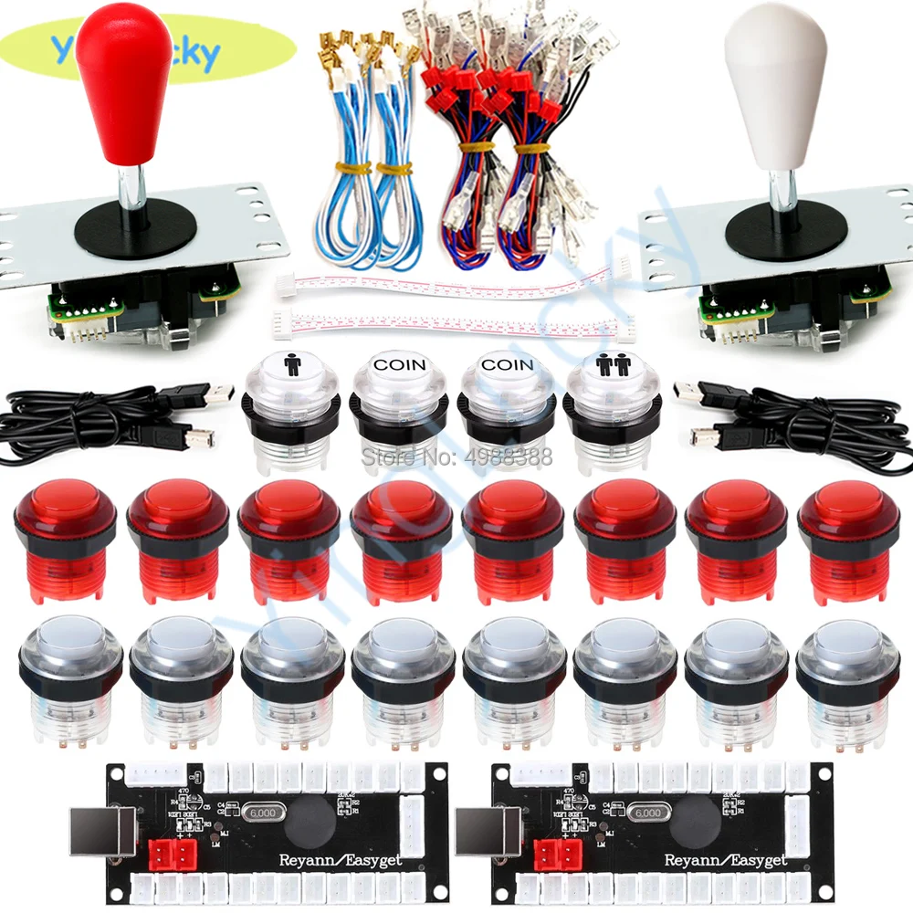Arcade Joystick Game Parts DIY Encoder USB Oval Joystick 20 LED push buttons 1P 2P button with cable kit，for Arcade Video Games 