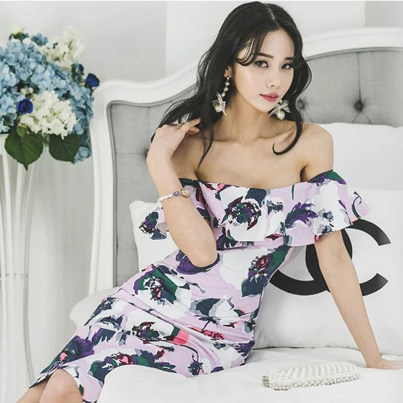 

WOMEN'S Dress 2019 Summer Wear Debutante Elegant Horizontal Neck Flounced Slim Fit Sheath Medium-length Floral Printed Dress Wom