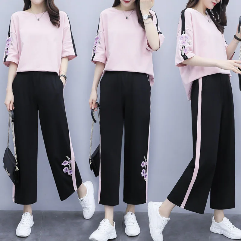 

2019 New Style WOMEN'S Dress Summer Large Size Two-Piece Pants Embroidered Tops Loose Pants Sports Casual Fashion WOMEN'S Suit