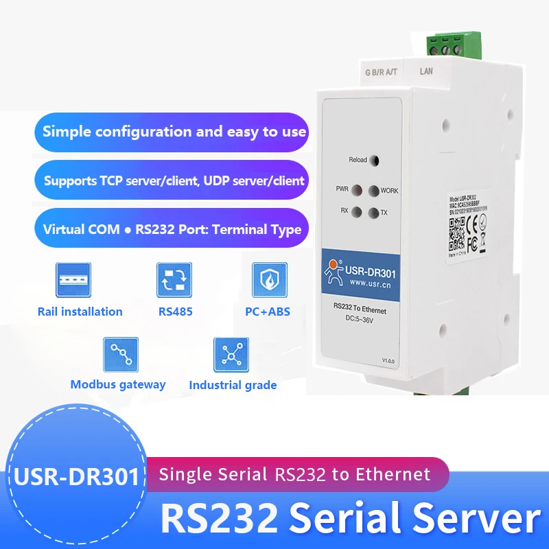 

USR-DR301 DIN-рейка Modbus RS232 последовательный порт к Ethernet преобразователю двунаправленной прозрачной передачи между RS232 и RJ45
