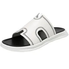 Летние черные сапоги из натуральной кожи на плотной подошве; Вьетнамки; модные Для мужчин пляжные шлёпанцы, тапочки Роскошные Для мужчин s шлепанцы без задника с открытыми пальцами белый Тапочки обувь для улицы