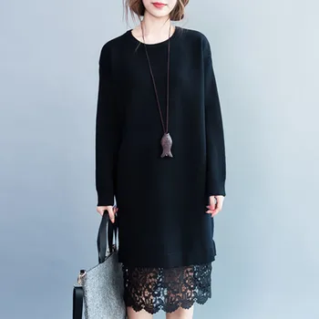 

Sweater Women 2019 Autumn Winter Pullover Korean Style Christmas Elegant Lace Patchwork Long Sleeve Knitted Long Sweater Dress