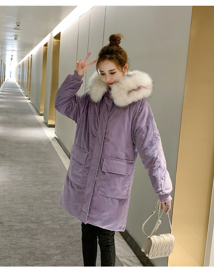 

New Big Fur Collar Women Long Coat Winter Thicken Cotton Warm Jacket Fashion Gold Velvet Warm Coat Female Long Cotton Clothing