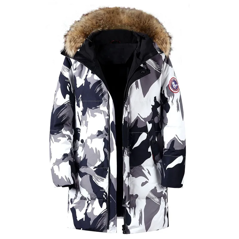 new men's winter long down jacket Male camouflage fur collar thick coat High quality white duck down outdoor snow coat - Цвет: Белый
