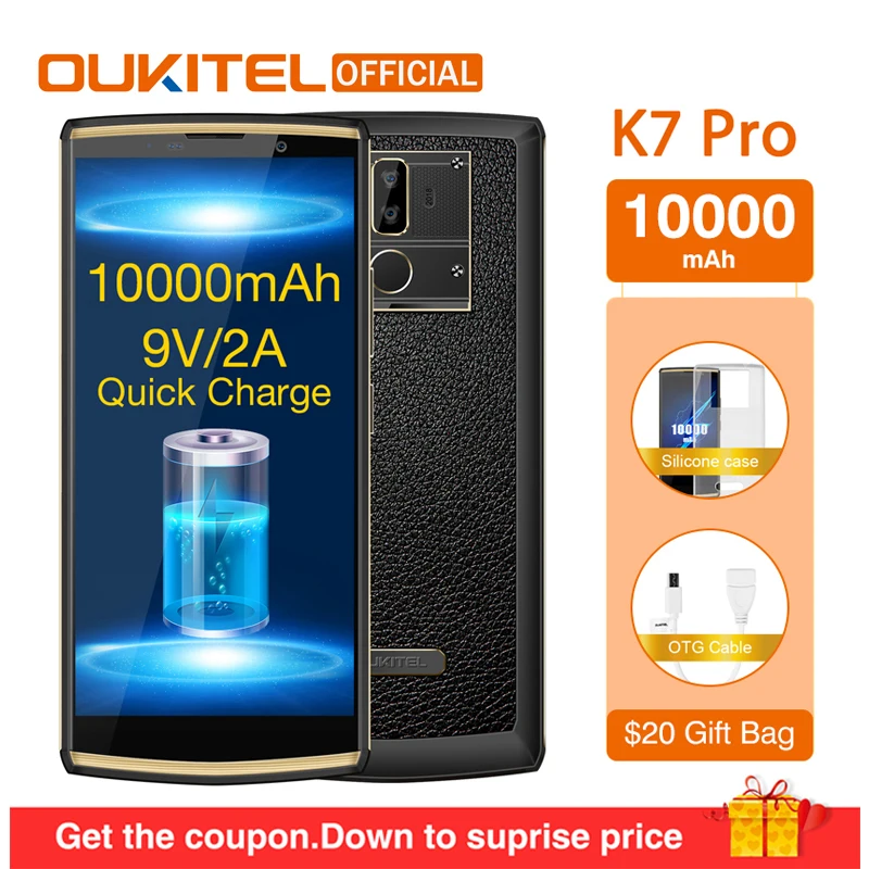 OUKITEL K7 Pro Смартфон Android 9,0 MT6763 Восьмиядерный 4 Гб ОЗУ 64 Гб ПЗУ 6," FHD+ 18:9 10000 мАч отпечаток пальца 9 В/2 а мобильный телефон