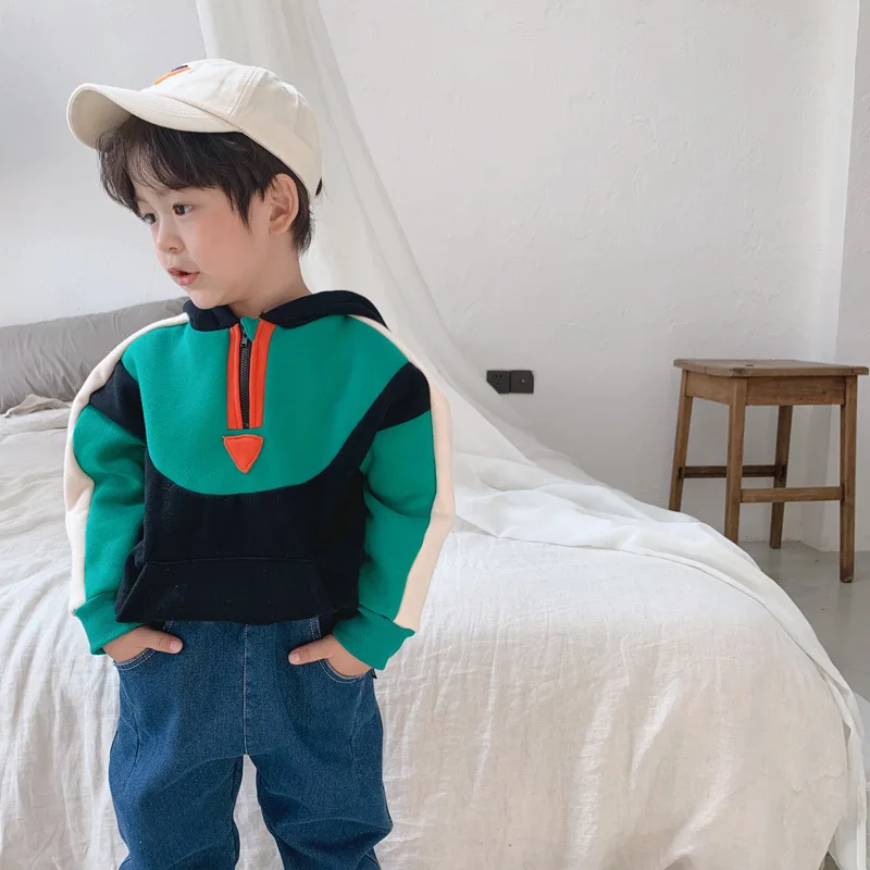 green Autumn and winter new Korean boys' sweater with plush and thickened girls color matching children's Hoodie girls clothing - Color: green