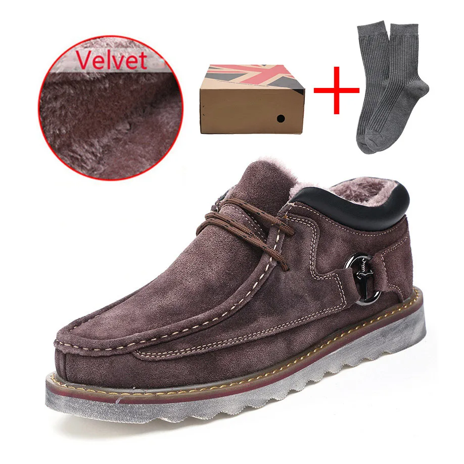 Зимние ботинки мужские бархатные теплые рабочие ботинки натуральная кожа походная Зимняя мужская обувь уличные ботинки увеличивающие рост каблуки - Цвет: Velvet coffee box