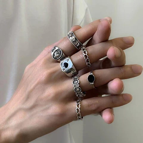 Vintage Silver Color Heart Sword Ring Set for Women Gothic Dice Anillos Hip Hop Y2k Korean Fashion Male Gift Jewelry