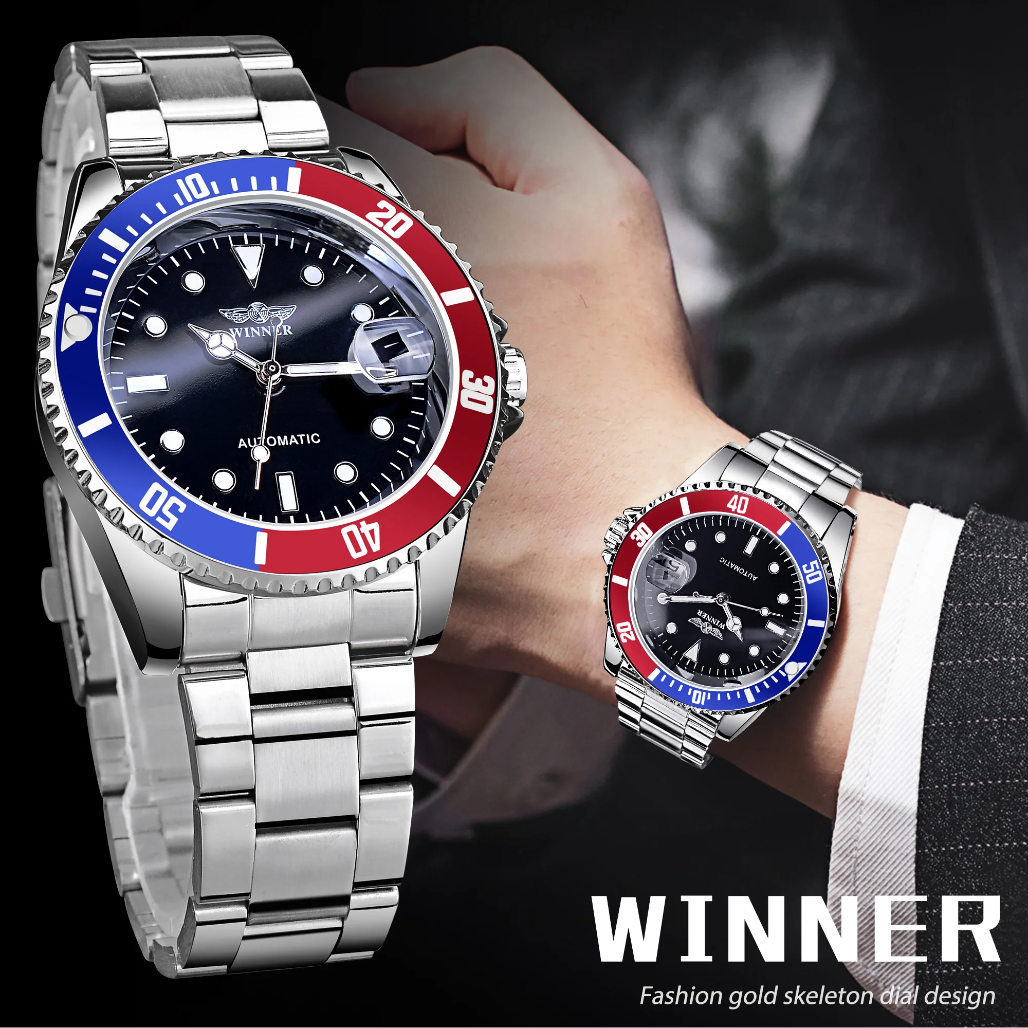 Winner New Luxury Men Mechanical Wristwatch Stainless Steel Automatic Watch Black Dial Military Watches Relogio Masculino