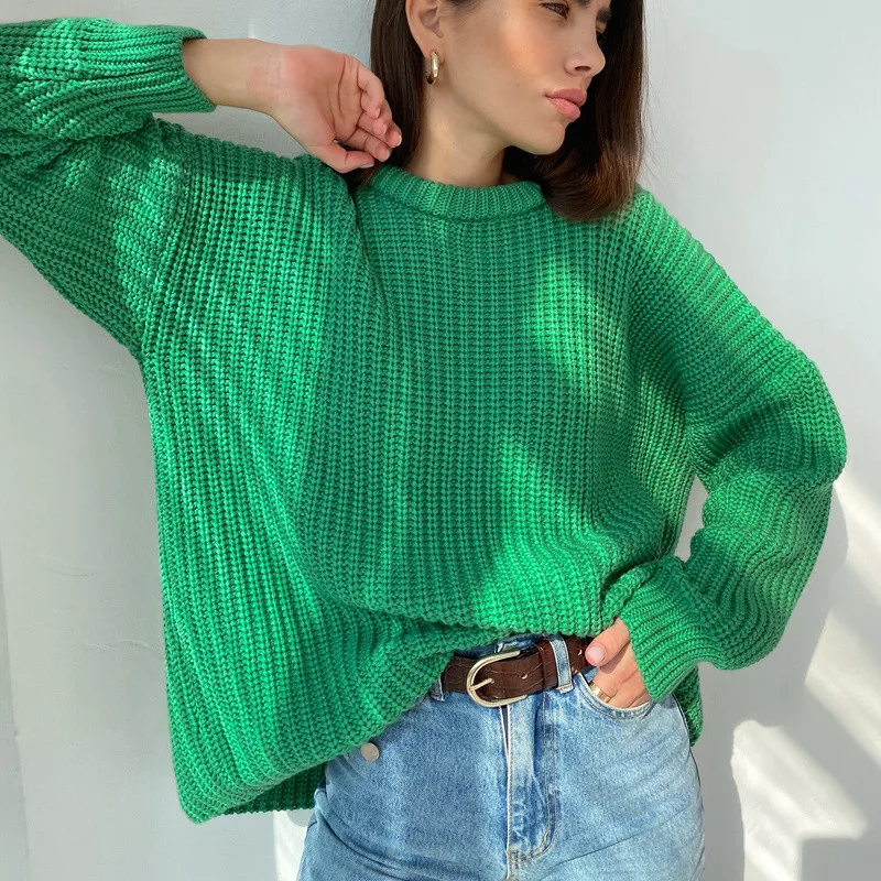 Women Solid Knitted Thickening Oversized Sweater Female Round Neck Long Sleeve Casual Loose Pullovers Top 2021 Autumn Winter