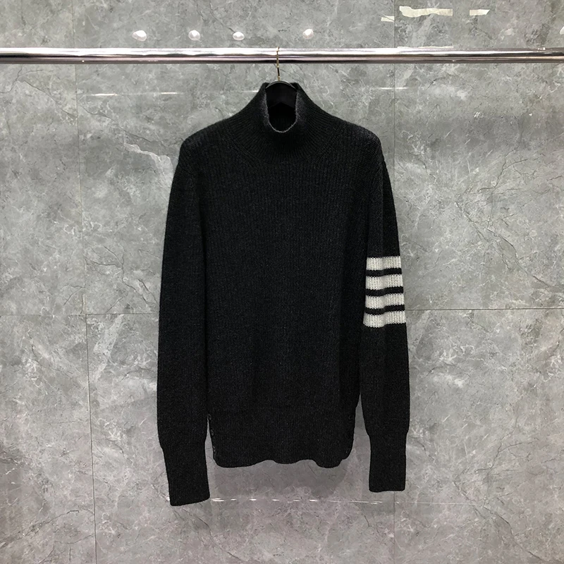 TB THOM Sweater Autunm Winter Sweaters Male Fashion Brand Men's Clothing Wool 4-Bar Stripe Turtleneck Knit Dark Gray TB Sweaters