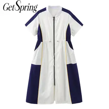 

Getspring Women Dress Color Matching Drawstring Casual Long Dresses Loose Plus Size Women Summer Dresses Feminine Clothes 2020