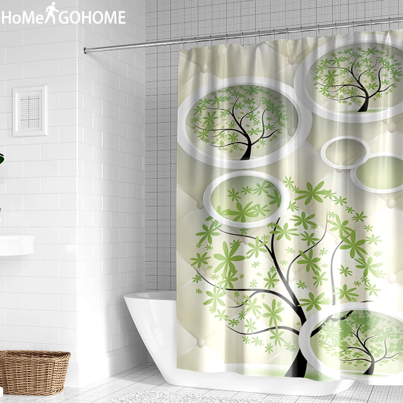 Geometric Circle Life Tree Art Decoration Shower Curtain Green Waterproof Fabric Bath Curtain Bathroom Shower Curtains 180x200cm