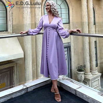 

EDGLuLu Deep V-neck Lantern Long Sleeve Purple Chiffon Dress Elegant Ladies Casual Loose Long Dresses Woman Party Night 0725