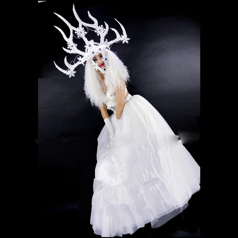 

Senior luxury mysterious girl white goddess costume Luminous queen costume Halloween party cosplay Led dance suit Nightclub
