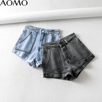 

AOMO women summer rivet denim shorts high waist pockets female casual streetwear black blue short jeans pantalone 2A02A