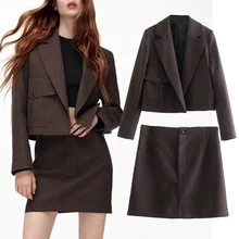 

Dave&Di Ins Fashion Skirts Women Blogger England Casual Vintage Plaid Short Jackets Tops High Waist Sexy Mini Blazer Women Sets