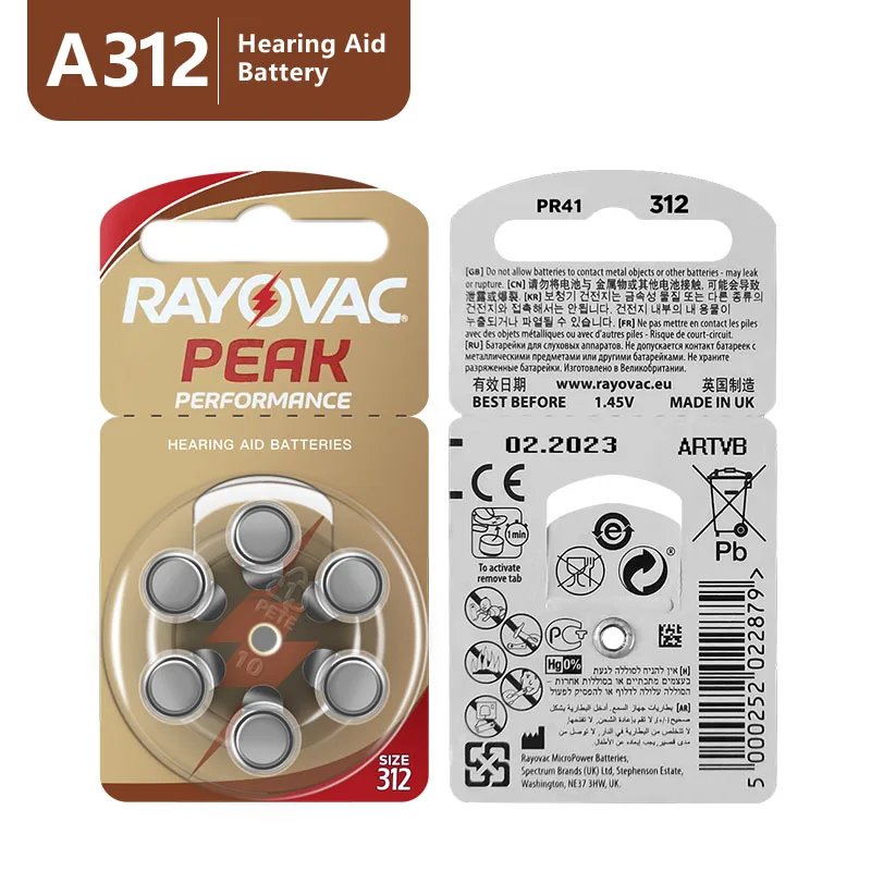 Батареи для слуховых аппаратов 312 A312 312A ZA312 PR41 S312 Rayovac Peak Цинковый воздушный
