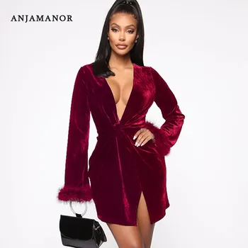 

ANJAMANOR Sexy Club Dresses Woman Party Night Deep V Neck Fluffy Feathers Trim Flare Sleeve Velvet Dress Christmas D74-AE48