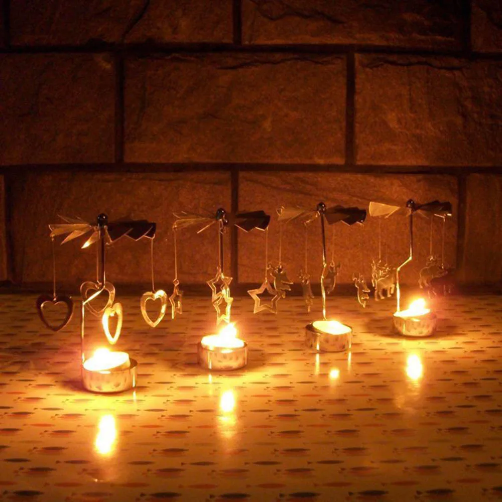 

Fashion Candle Holder Metal _Rotary Spinning Carousel Light Stand Simple For Winter Favors Silver Freeshipping