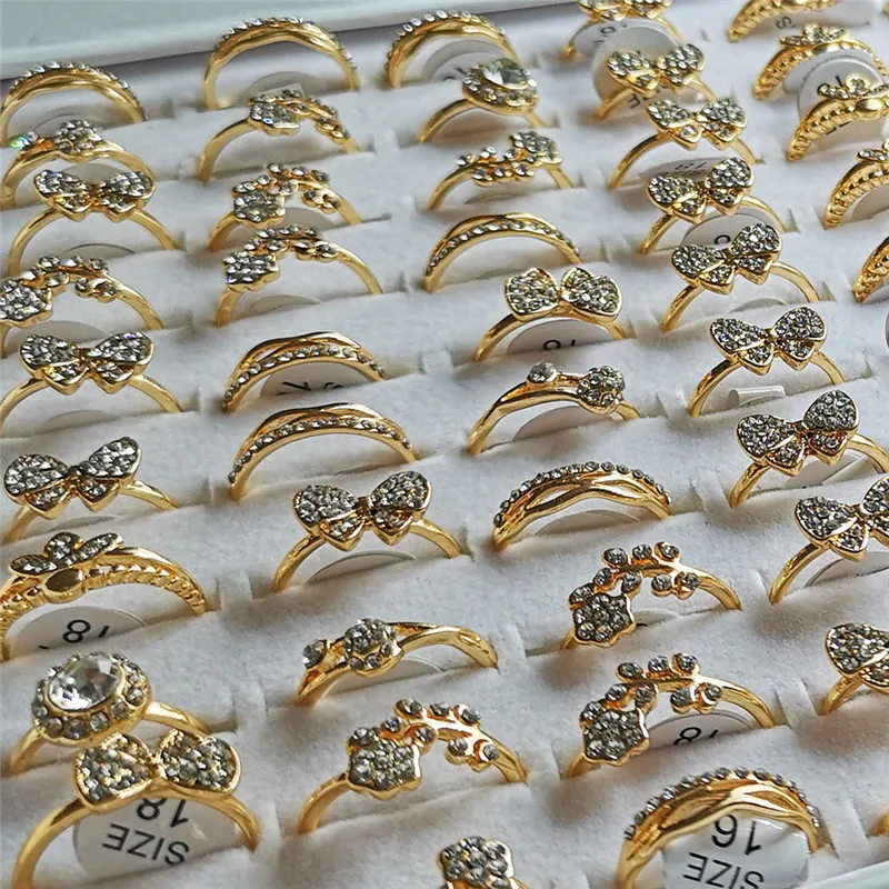 Crystal Rings 10Pcs Fashion Mixed Shiny Golden Color For Women Girls
