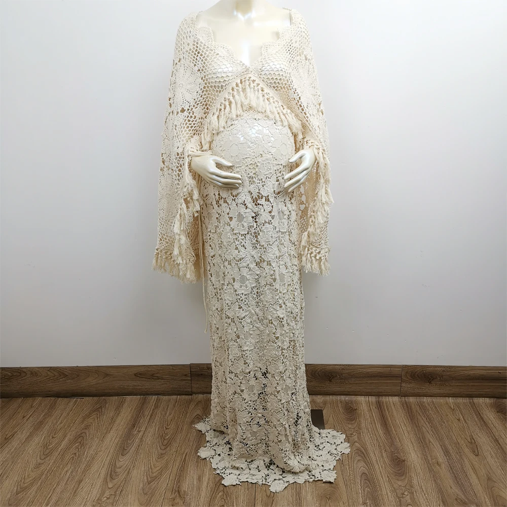 A Set Beige Cotton Cape,Water Soluble Embroidery Skirt Photo Shoot Straight Pregnant Dress for Maternity Photography Accessories