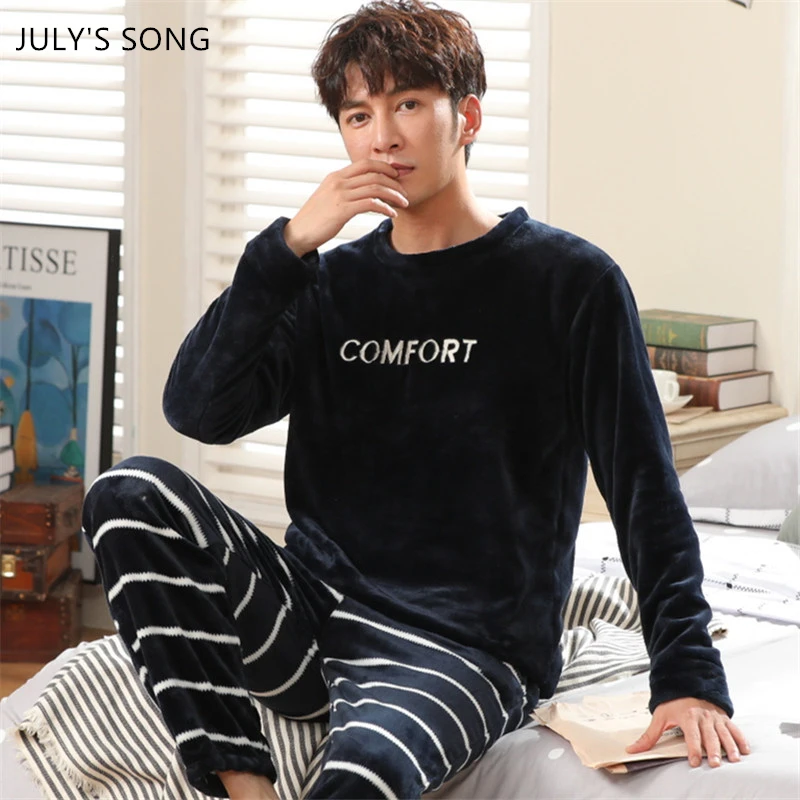 cotton pyjama set JULY'S SONG Men Flannel Pajamas Sets Winter Warm Sleepwear Simple Striped Letters Coral Fleece Thick O-Neck Suit Pyjamas For Man cotton short pyjamas