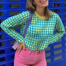 

Argyle Plaid Print Y2K Kawaii Knit Sweaters Women New Autumn Winter Long Sleeve Pullovers Tops Casual Cute Jumpers Vintage Green