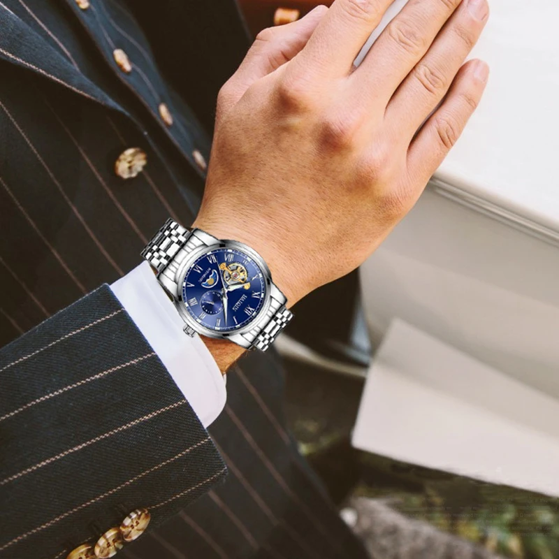 HAIQIN водонепроницаемые мужские часы с скелетом из нержавеющей стали, роскошные брендовые прозрачные механические Спортивные мужские наручные часы