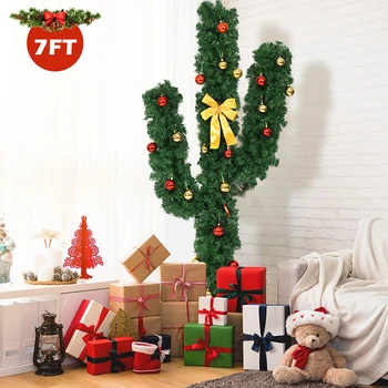 

7 ft Artificial Unique Cactus PVC Christmas Tree Dense PVC Needles Installed LED Lights Ball Ornaments Sturdy Metal Stand