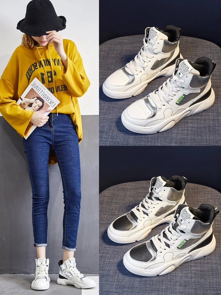 

Dad Shoes Women's 2020 Spring Genuine Leather Hight-top Casual Single Shoes INS Fashion Super Fire Sports Mixed Colors Flat Whit