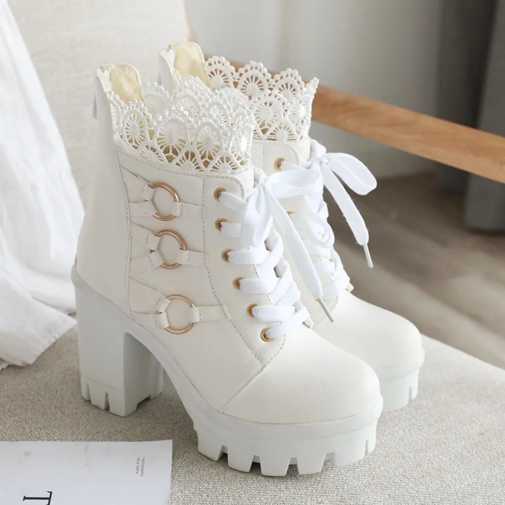Женская обувь; обувь в готическом стиле в Корейском стиле; Модные женские зимние ботильоны на высоком каблуке с кружевом; обувь для вечеринок;# g4