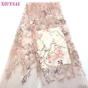 

Fashion African Lace Fabric 2020 Sequins Embroidery Wedding Dress Net Lace High Quality Pink 3d Appliques African Tulle Lace S64