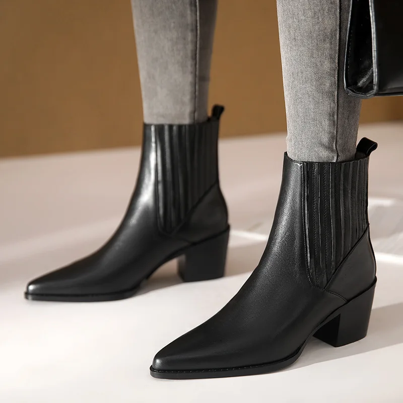 

Inside Outside Genuine Leather Women's Shoes Cowhide Coarse With Sharp Short Boots Lady Temperament High With