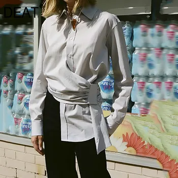 

DEAT Women Big Size Striped Irregular Hollow Out Blouse New Lapel Long Sleeve Loose Fit Shirt Fashion Spring Autumn 2020 JR967