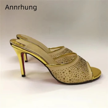 

Chic Summer 2020 Crystal Air Mesh Slippers Women Sexy Open Toe Thin Heels Jeweled Rhinestone Runway Shoes Woman