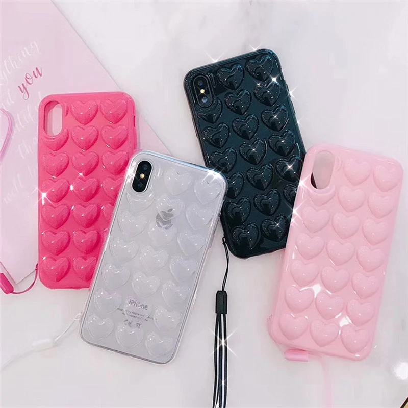 Ottwn 3D чехол с сердечками для iPhone 11 Pro Max XR XS 7 8 6 6S Plus яркий цвет ремешок силиконовый